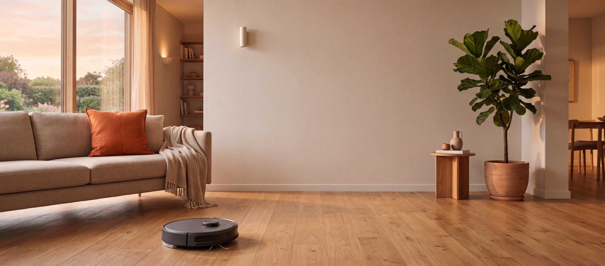 Salon moderne au coucher de soleil avec robot aspirateur — Tech Mi Home NC